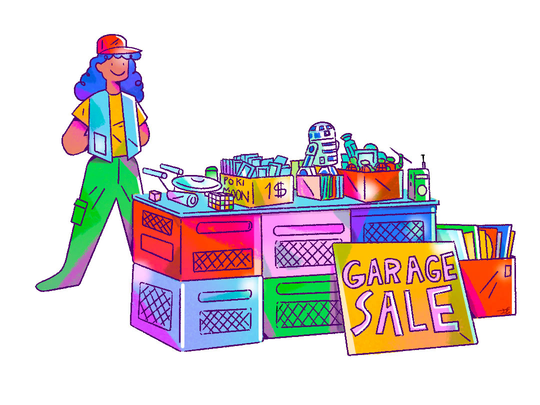 close up of Illustration of young entrepreneur working around all her tools