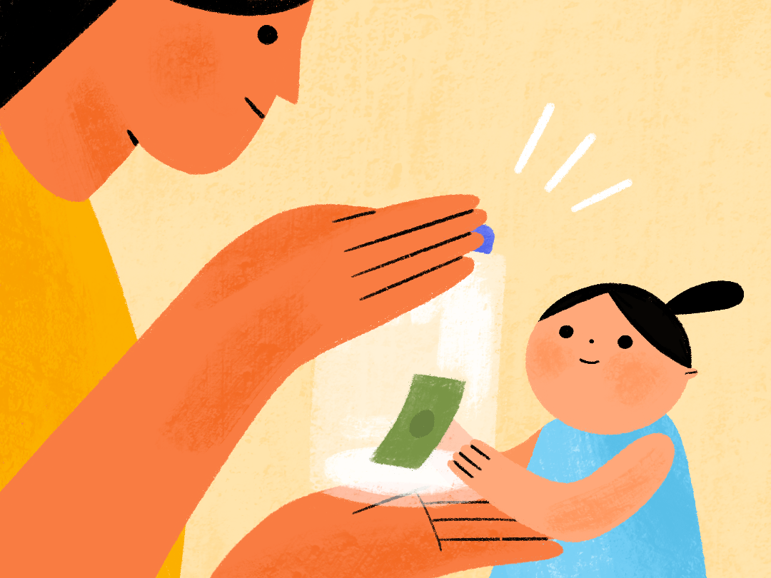 animation of mother and child saving money in a saving jar