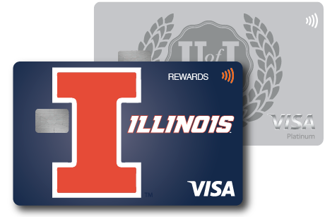 images of Rewards card: one is silver with the UICCU crest, the other blue with the Illini block I