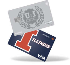 images of Rewards card: one is silver with the UICCU crest, the other blue with the Illini block I