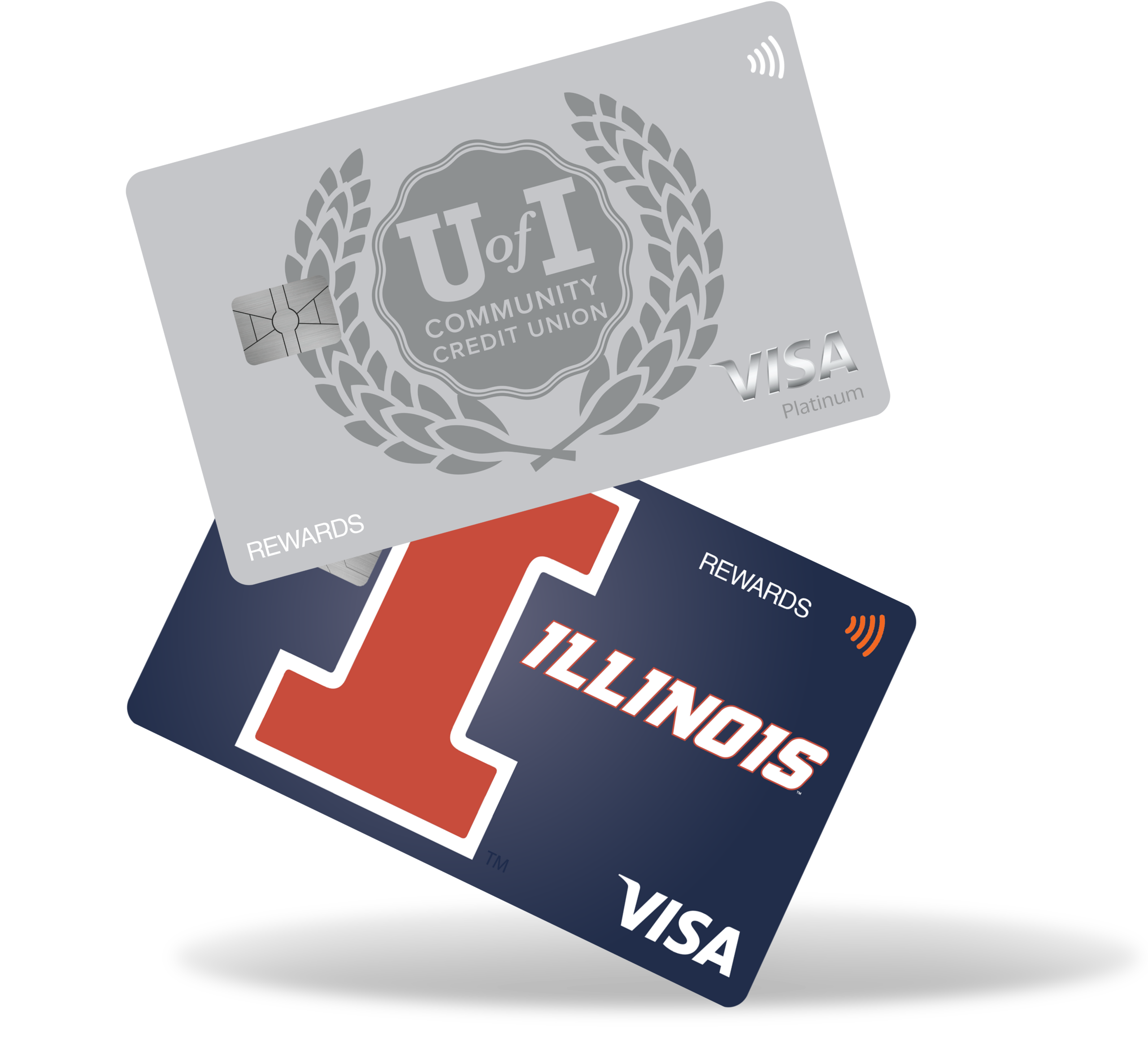 images of Rewards card: one is silver with the UICCU crest, the other blue with the Illini block I